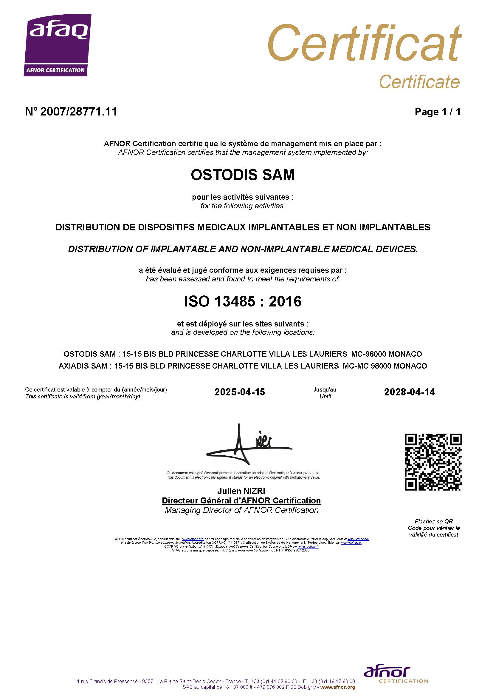 Cert. ISO 13485 OSTODIS/AXIADIS
