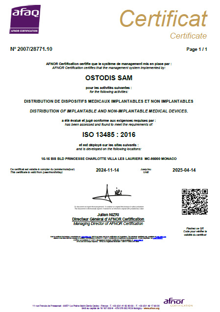 Cert. ISO 13485 OSTODIS
